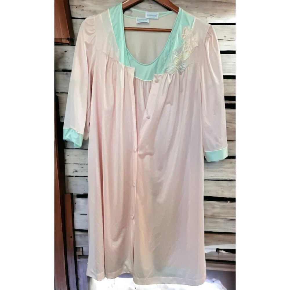 Vintage Lorraine Pink Mint Green 2 pc Nightgown and Robe Medium Floral Nylon